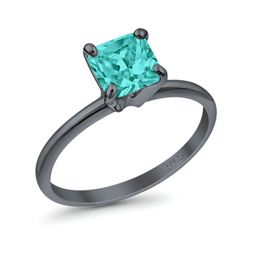 Solitaire Wedding Ring Princess Cut Black Tone, Simulated Paraiba Tourmaline CZ 925 Sterling Silver